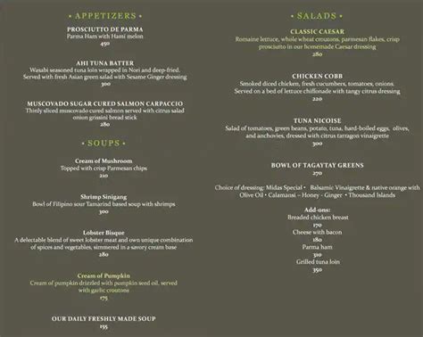 Cafe Midas menu price 2022.